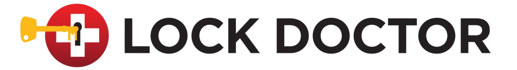 Lock doctor logo. white background with black text that says Lock Doctor that has a red circle with a white plus that is a lock with a gold key entering it.